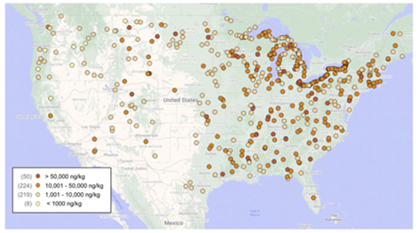 map of US showing PFAS concentrations in freshwater fish