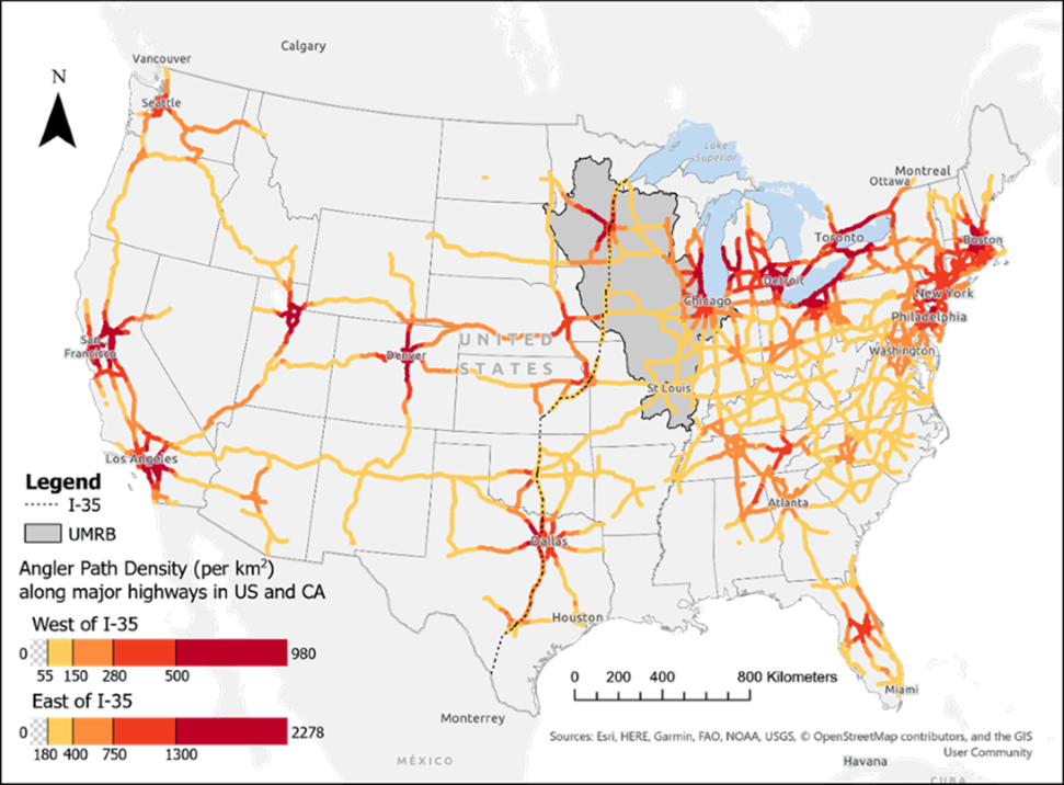 map of angler path density along major US highways